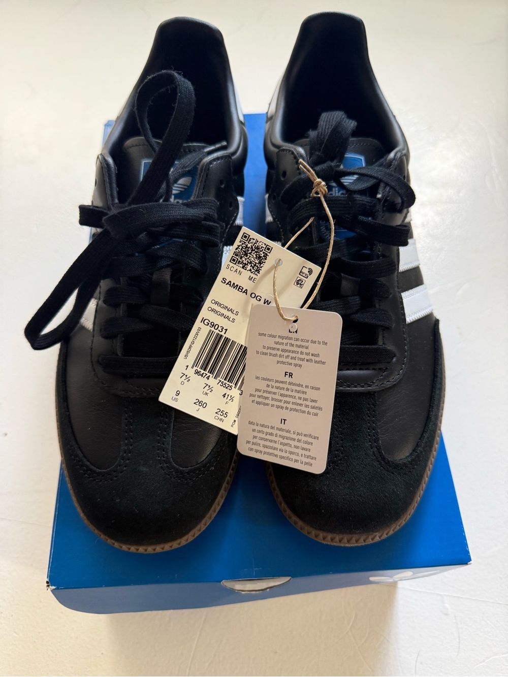 adidas Samba OG Men’s Shoes — Black with White Stripes - Size 9 NIB